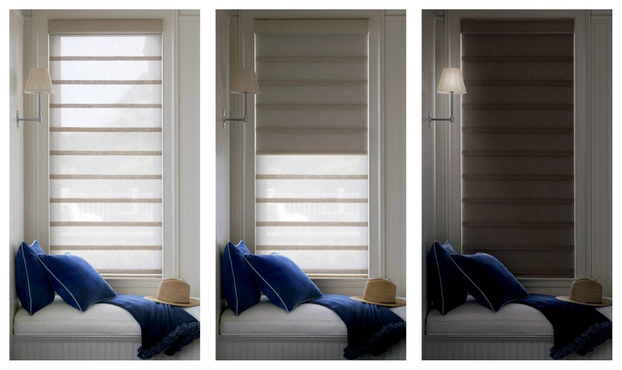 Hunter Douglas Vignette® Roman Shades darkening window in three stages at Rebarts near Burlingame, California (CA)