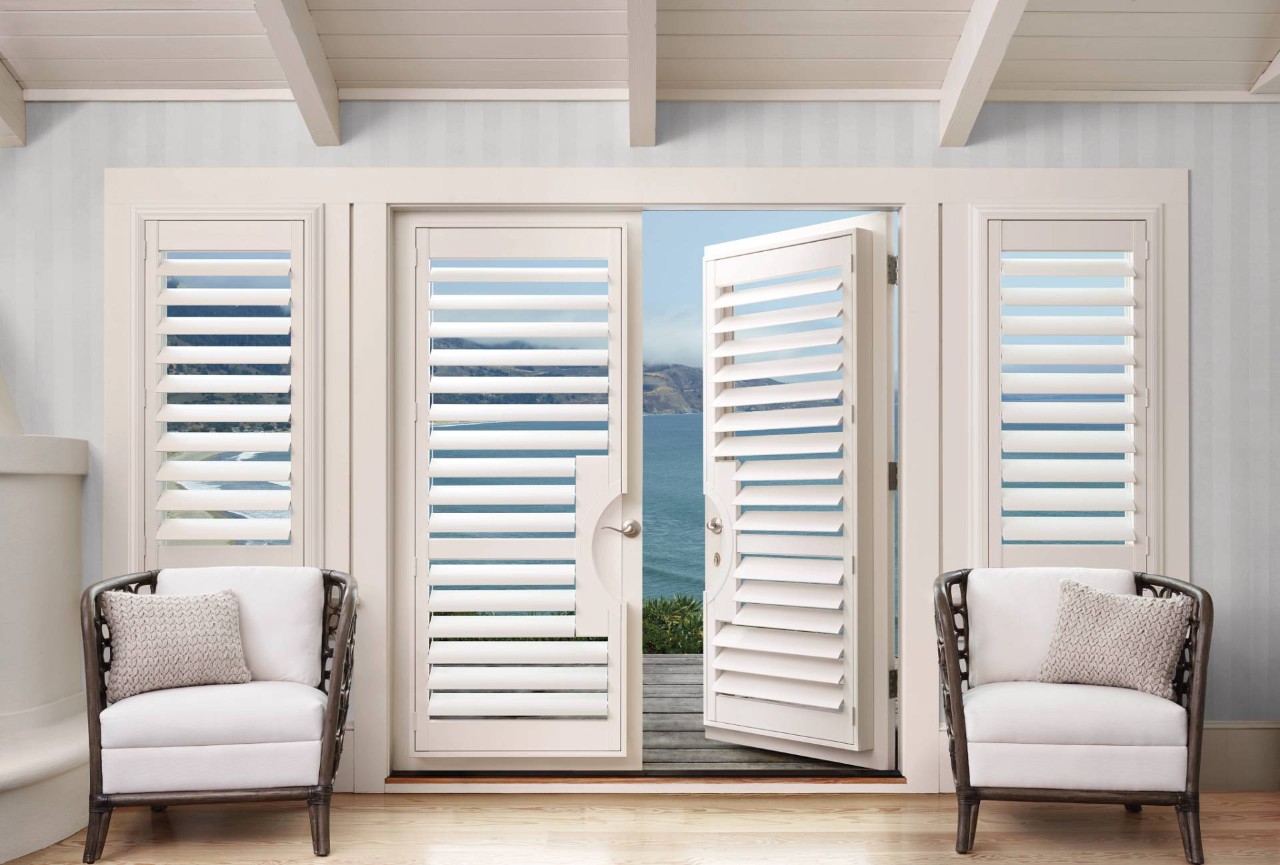 Hunter Douglas Palm Beach™ Polysatin™ Vinyl Shutters on French doors at Rebarts Blinds & Shades near Burlingame, CA