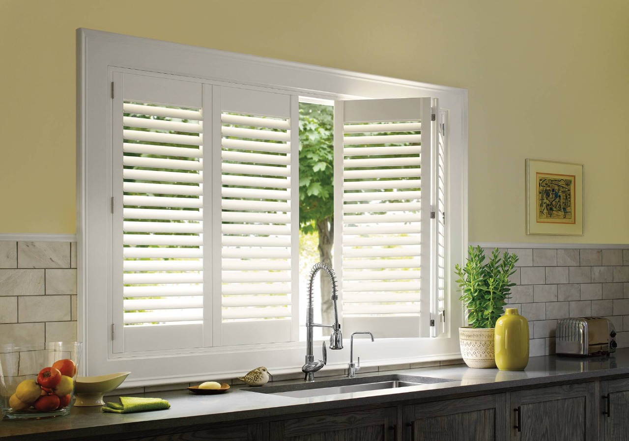 Hunter Douglas Palm Beach™ Polysatin™ Vinyl Shutters Rebarts Interiors near Burlingame, Los Altos, Menlo Park, or San Carlos, California (CA)