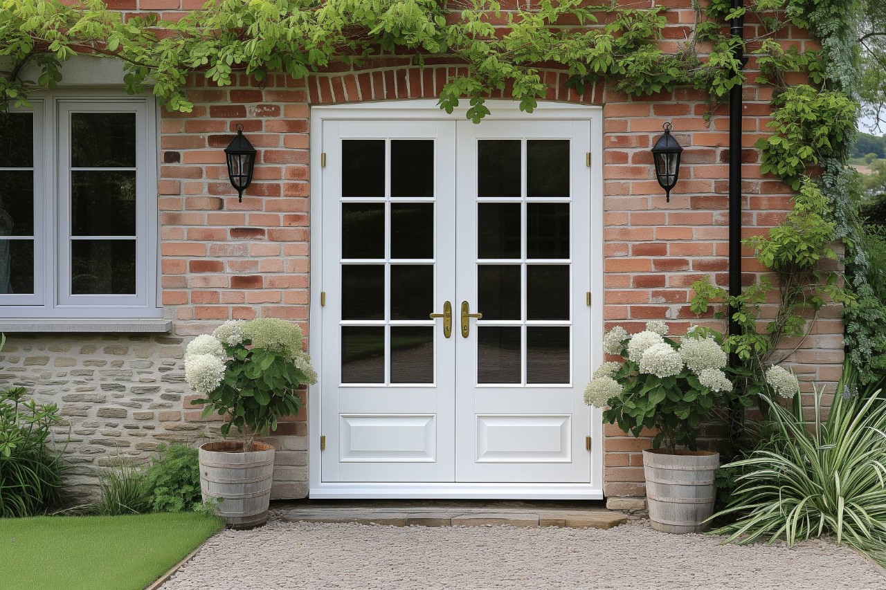 An exterior view of a French door with light-blocking window treatments at Rebarts Blinds near Burlingame, CA