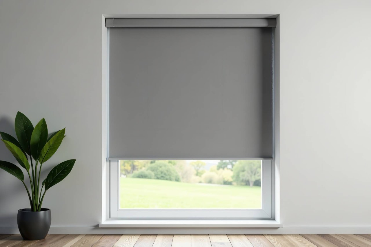 A room darkening roller shade in a living room at Rebart's Blinds & Shades Store near Burlingame, California